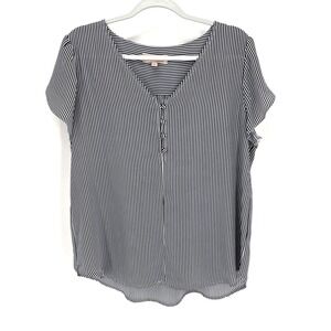 Philosophy Blouse Large Black Striped V-Neck Short Flutter Sleeves Casual